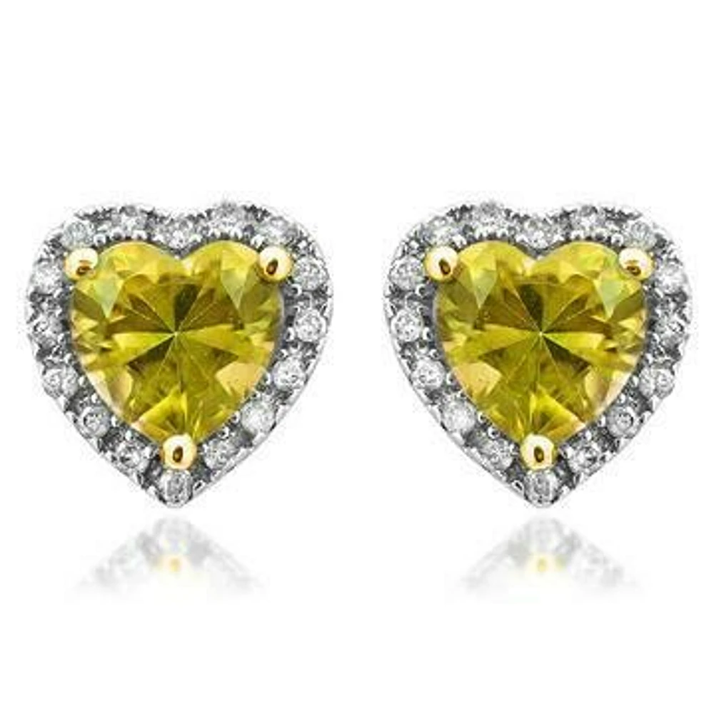 Heart Citrine Stud Earrings with Diamond Halo 14KT Gold