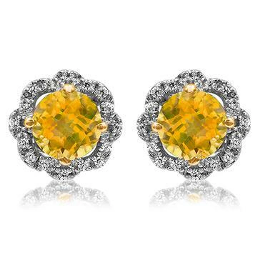 Floral Citrine Earrings with Diamond Frame 14KT Gold