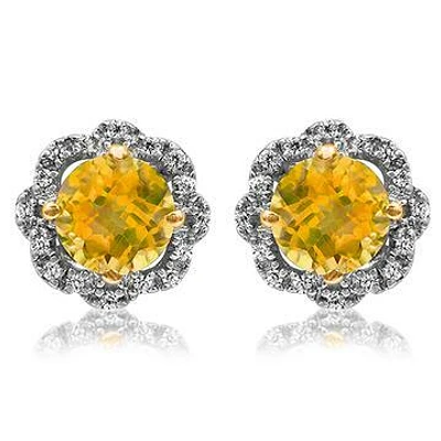 Floral Citrine Earrings with Diamond Frame 14KT Gold