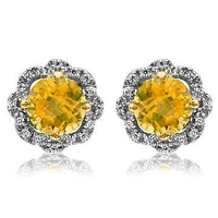 Floral Citrine Earrings with Diamond Frame 14KT Gold