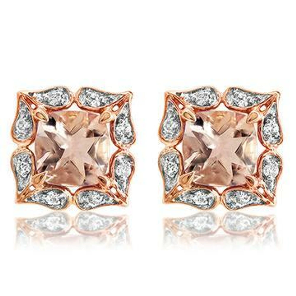 Floral Morganite Stud Earrings with Diamond Frame 14KT Gold