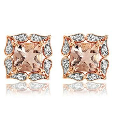 Floral Morganite Stud Earrings with Diamond Frame 14KT Gold