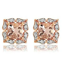 Floral Morganite Stud Earrings with Diamond Frame 14KT Gold