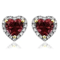 Heart Garnet Stud Earrings with Diamond Halo 14KT Gold