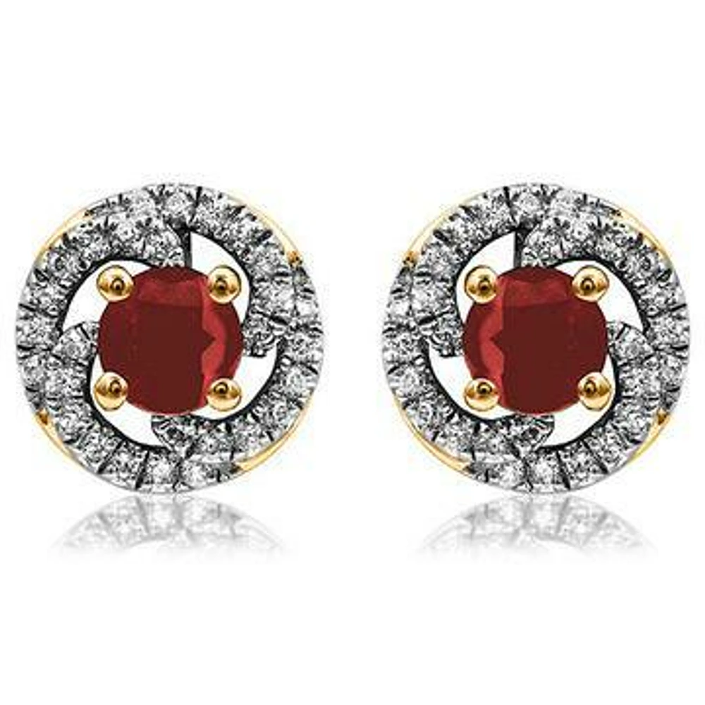 Ruby Swirl Stud Earrings with Diamond Frame 14KT Gold