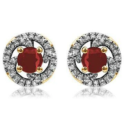 Ruby Swirl Stud Earrings with Diamond Frame 14KT Gold