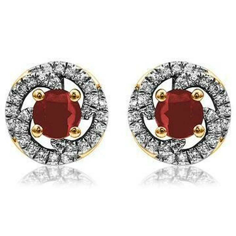 Ruby Swirl Stud Earrings with Diamond Frame 14KT Gold