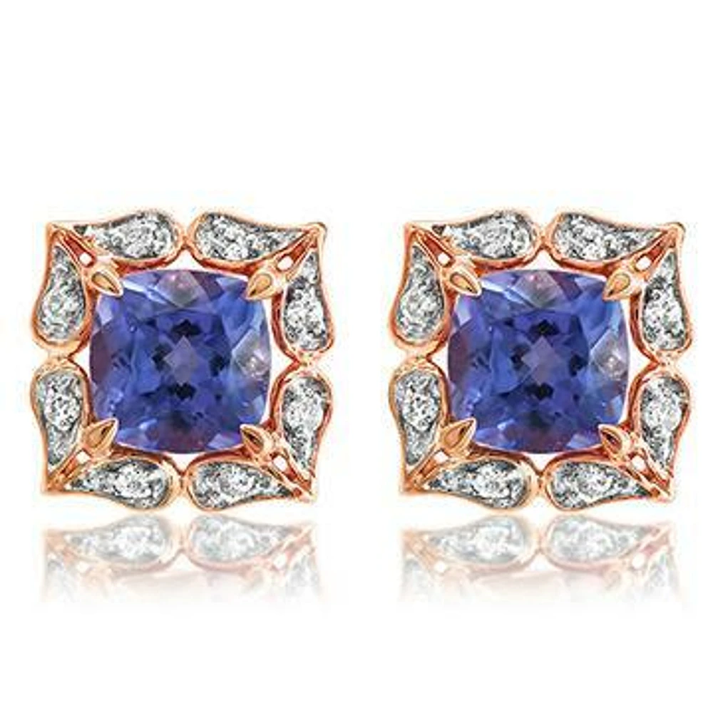 Floral Tanzanite Stud Earrings with Diamond Frame 14KT Gold