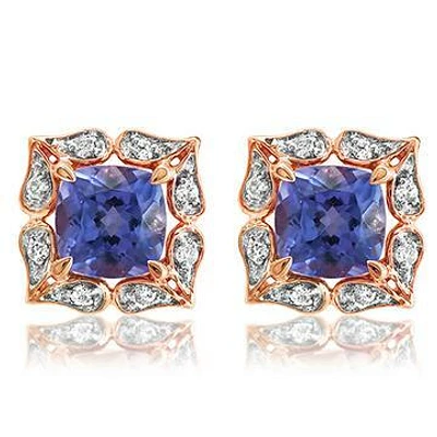 Floral Tanzanite Stud Earrings with Diamond Frame 14KT Gold