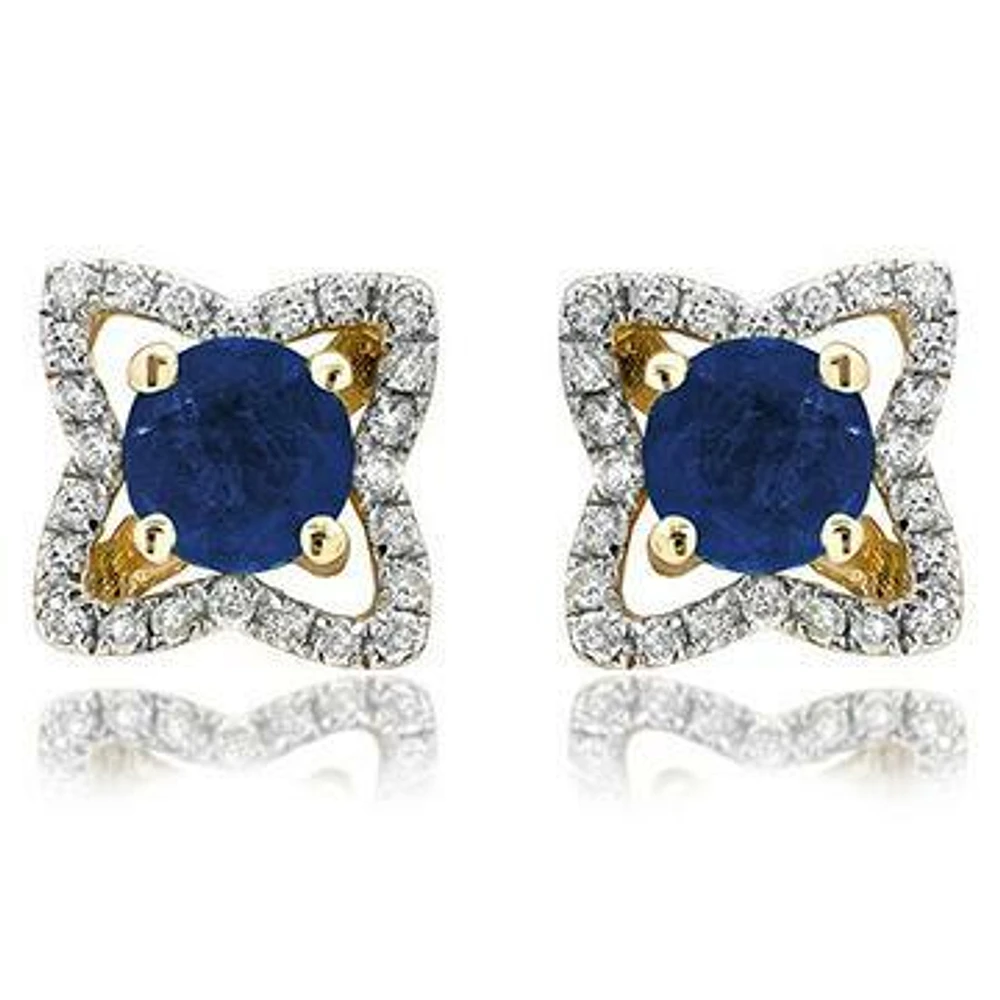 Cross Blue Sapphire Stud Earrings with Diamond Frame 14KT Gold