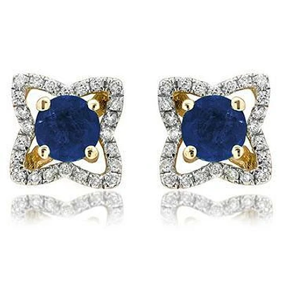 Cross Blue Sapphire Stud Earrings with Diamond Frame 14KT Gold