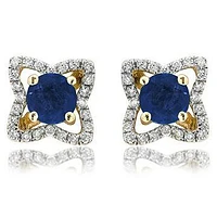 Cross Blue Sapphire Stud Earrings with Diamond Frame 14KT Gold