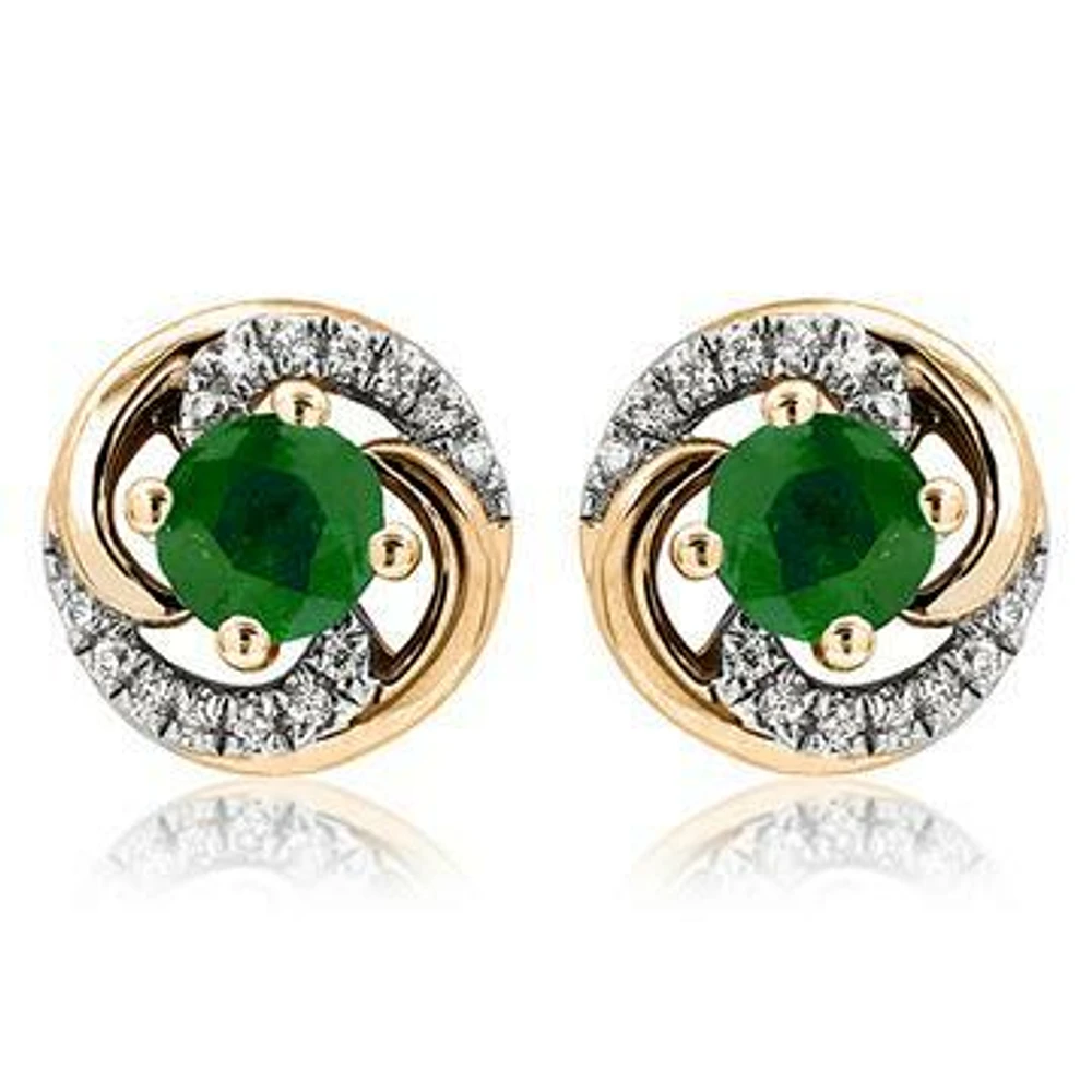 Emerald Swirl Stud Earrings with Diamond Accent 14KT Gold