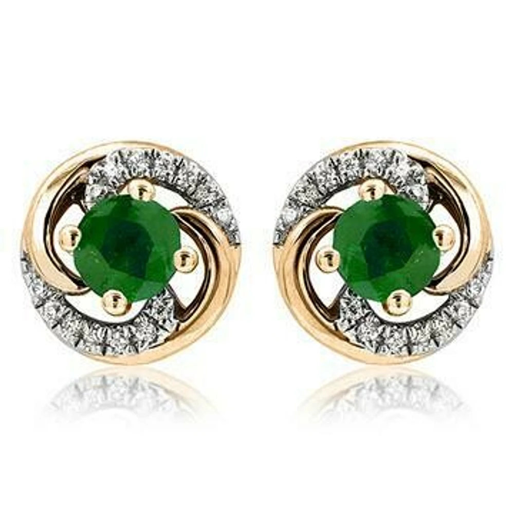 Emerald Swirl Stud Earrings with Diamond Accent 14KT Gold