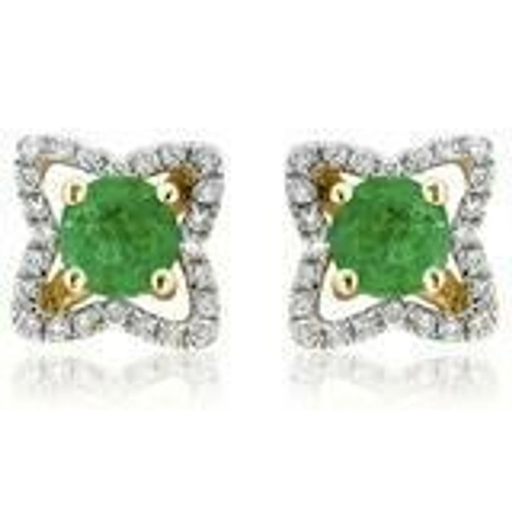 Cross Emerald Stud Earrings with Diamond Frame 14KT Gold