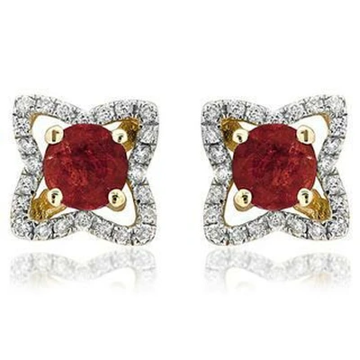 Cross Ruby Stud Earrings with Diamond Frame 14KT Gold