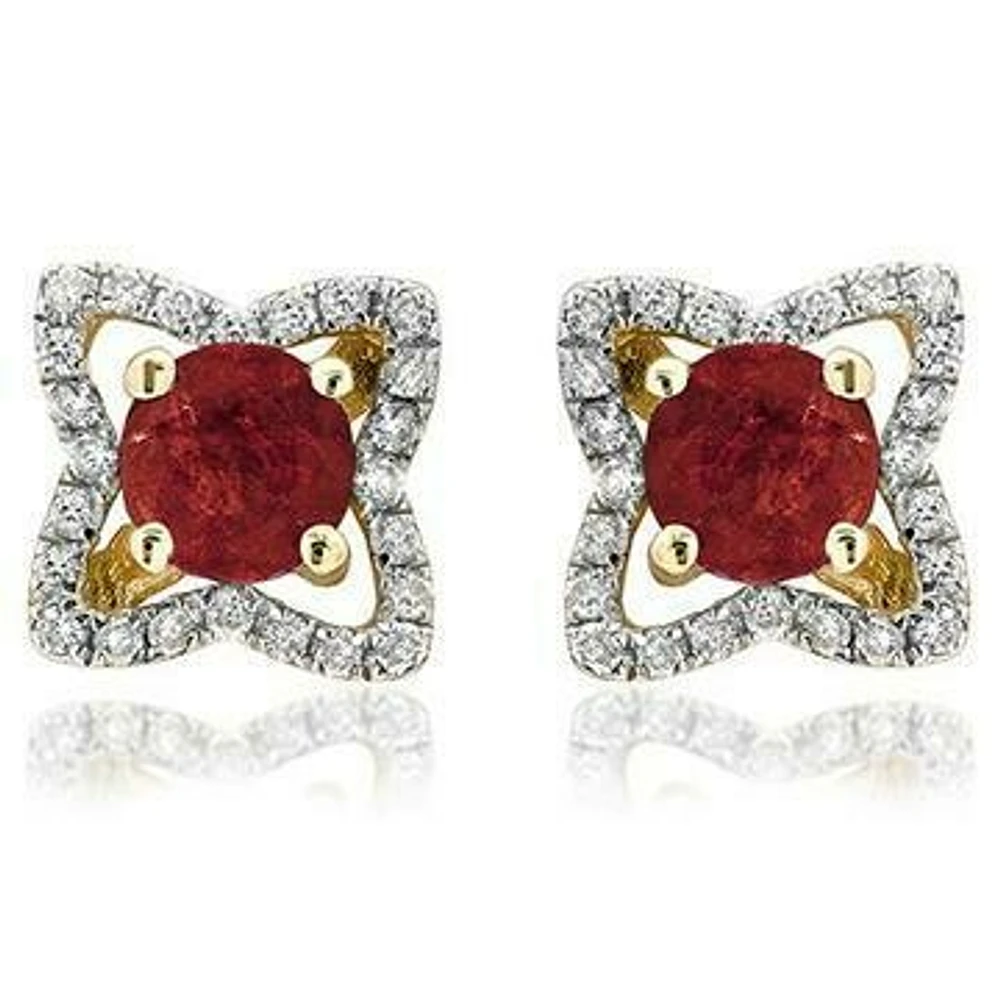 Cross Ruby Stud Earrings with Diamond Frame 14KT Gold