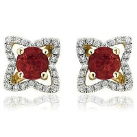 Cross Ruby Stud Earrings with Diamond Frame 14KT Gold