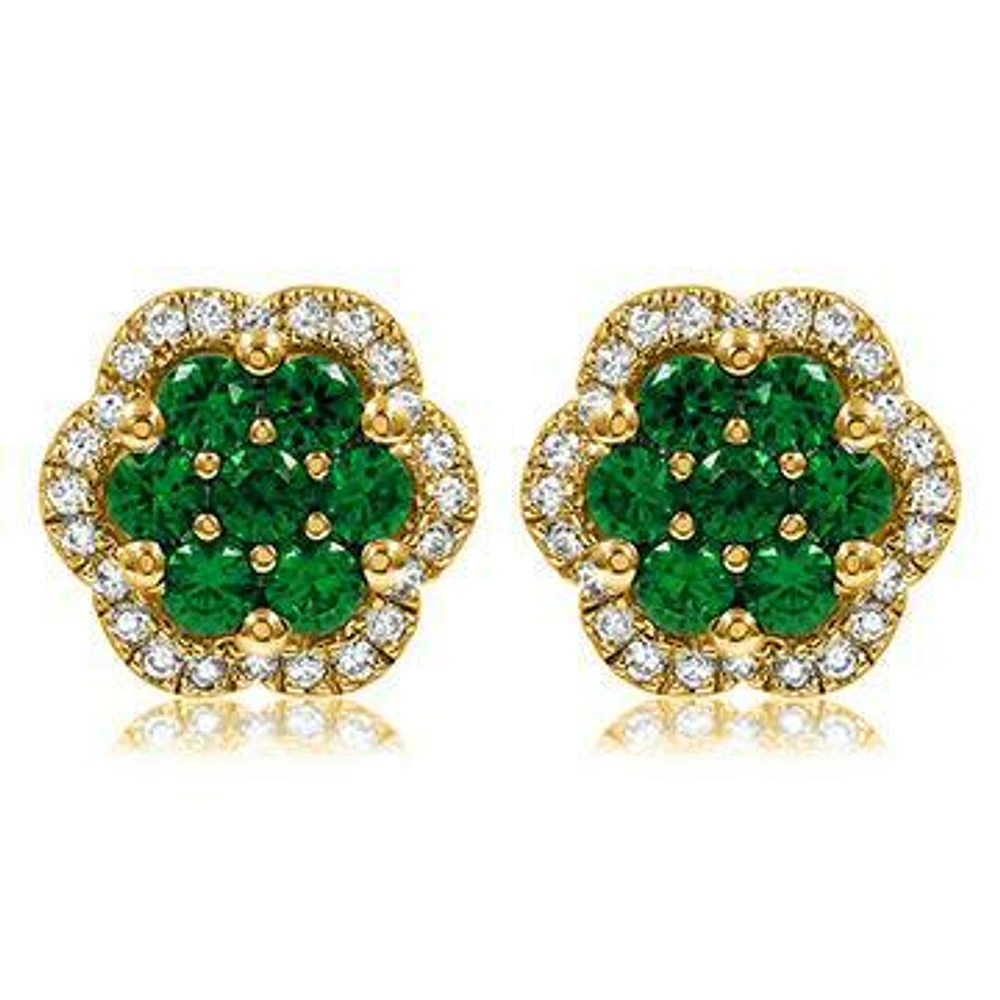 Floral Emerald Cluster Stud Earrings with Diamond Frame 14KT Gold