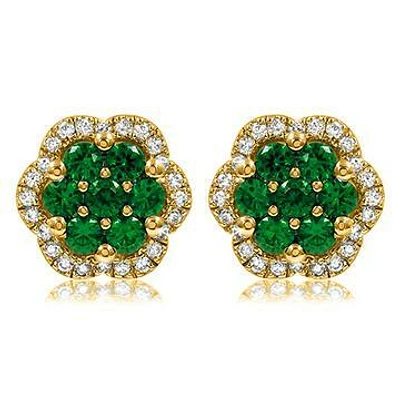 Floral Emerald Cluster Stud Earrings with Diamond Frame 14KT Gold