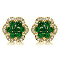 Floral Emerald Cluster Stud Earrings with Diamond Frame 14KT Gold