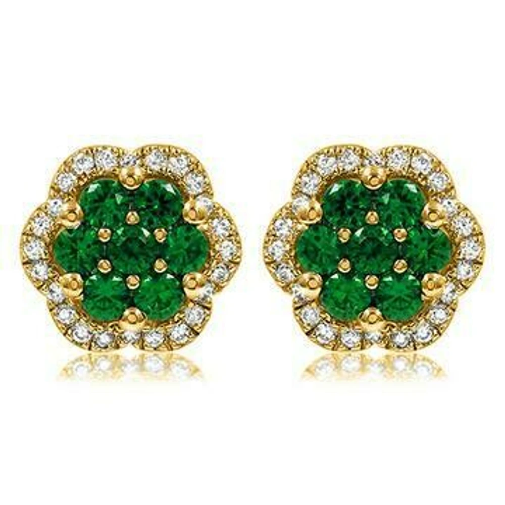 Floral Emerald Cluster Stud Earrings with Diamond Frame 14KT Gold