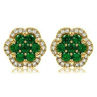 Floral Emerald Cluster Stud Earrings with Diamond Frame 14KT Gold