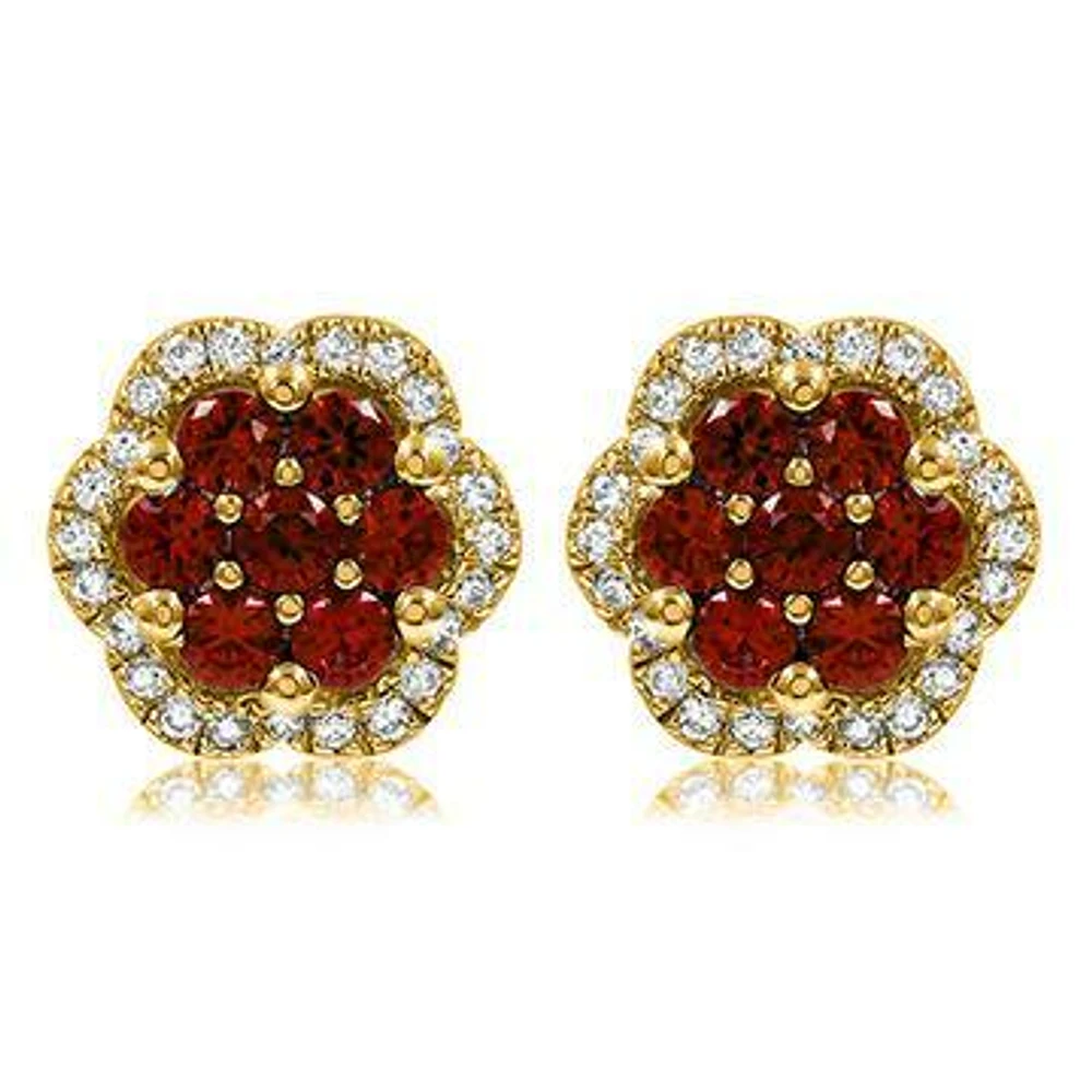 Floral Ruby Cluster Stud Earrings with Diamond Frame 14KT Gold