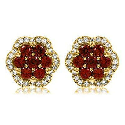 Floral Ruby Cluster Stud Earrings with Diamond Frame 14KT Gold