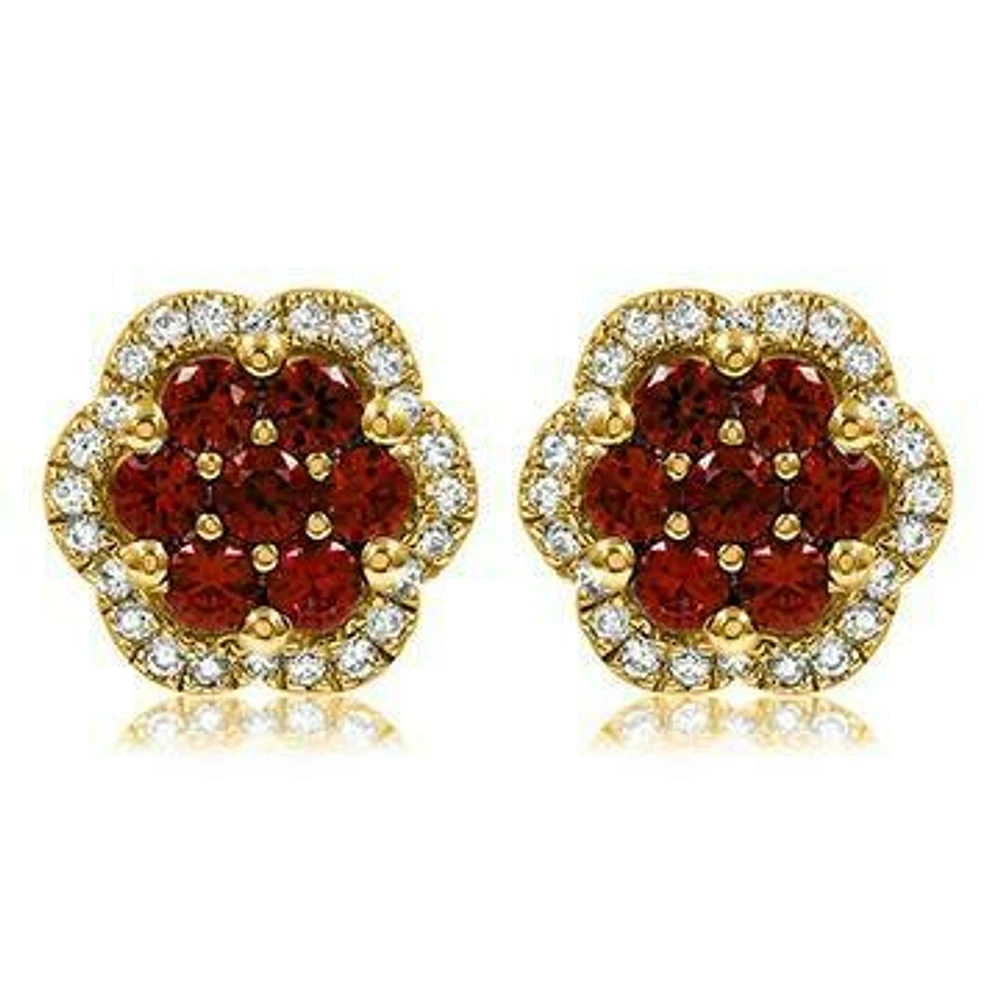 Floral Ruby Cluster Stud Earrings with Diamond Frame 14KT Gold