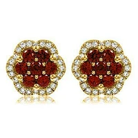 Floral Ruby Cluster Stud Earrings with Diamond Frame 14KT Gold