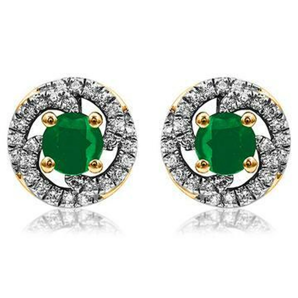 Emerald Swirl Stud Earrings with Diamond Frame 14KT Gold