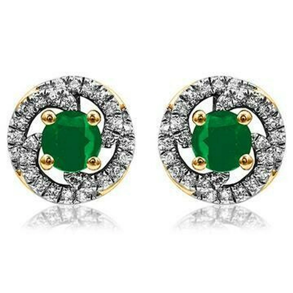 Emerald Swirl Stud Earrings with Diamond Frame 14KT Gold