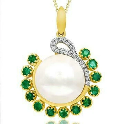 Pearl Pendant with Diamond and Emerald Accent 14KT Gold