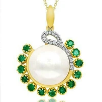 Pearl Pendant with Diamond and Emerald Accent 14KT Gold