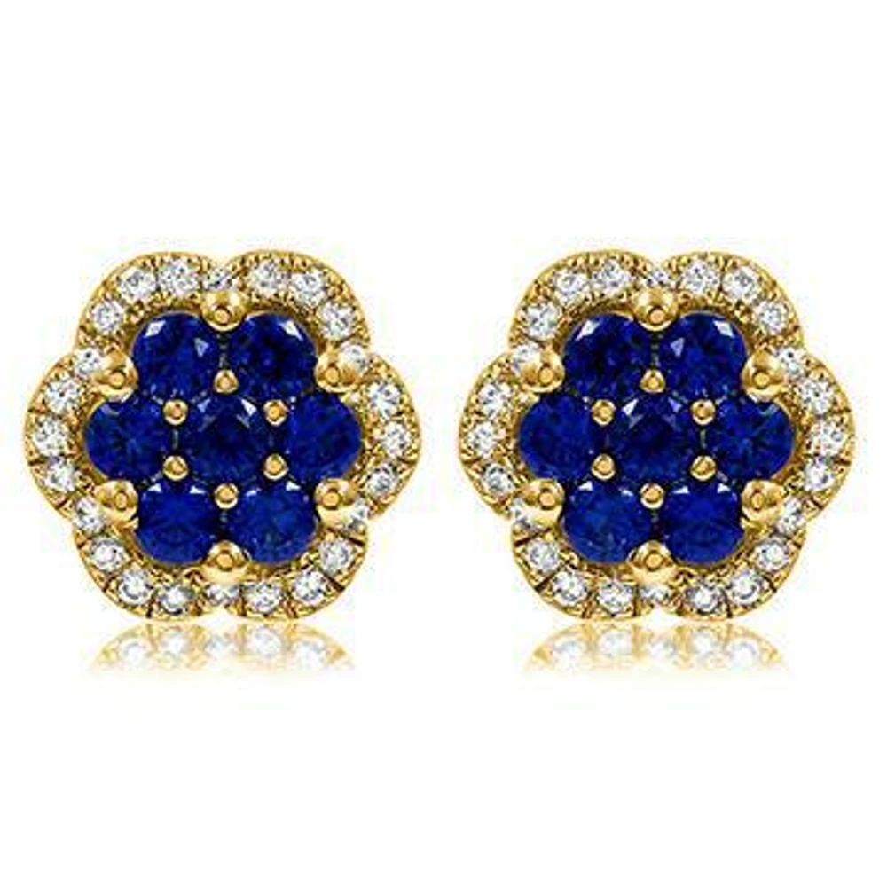 Floral Blue Sapphire Cluster Stud Earrings with Diamond Frame 14KT Gold