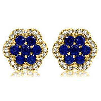 Floral Blue Sapphire Cluster Stud Earrings with Diamond Frame 14KT Gold