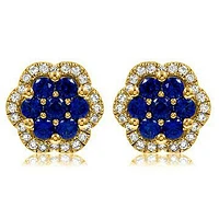 Floral Blue Sapphire Cluster Stud Earrings with Diamond Frame 14KT Gold