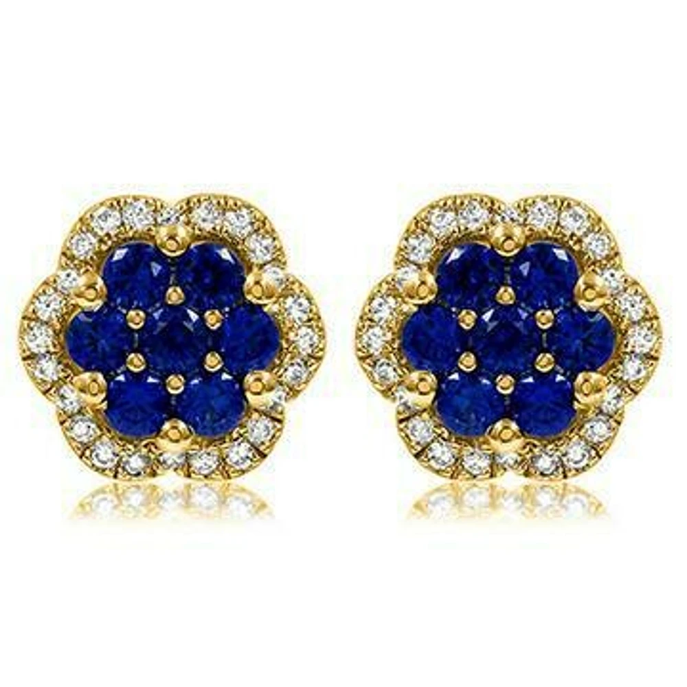 Floral Blue Sapphire Cluster Stud Earrings with Diamond Frame 14KT Gold