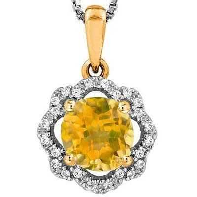 Floral Citrine Pendant with Diamond Frame 14KT Gold