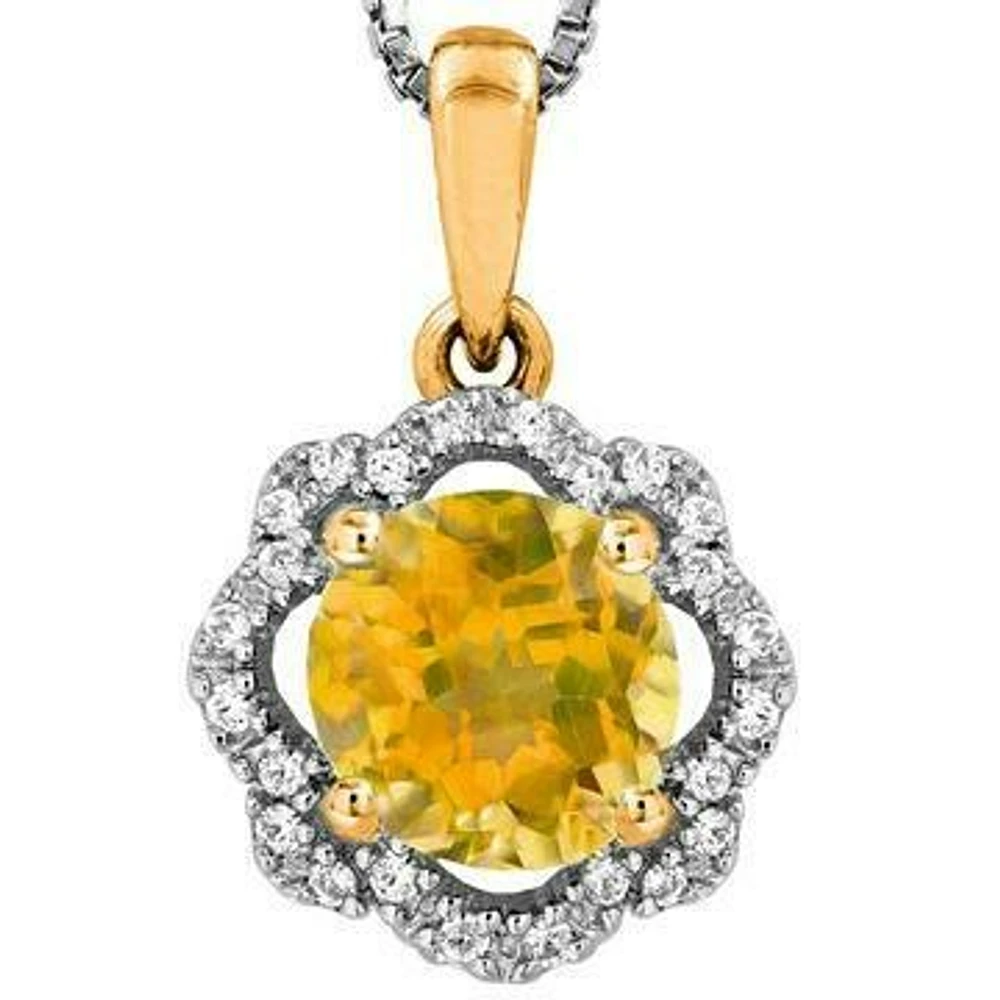 Floral Citrine Pendant with Diamond Frame 14KT Gold