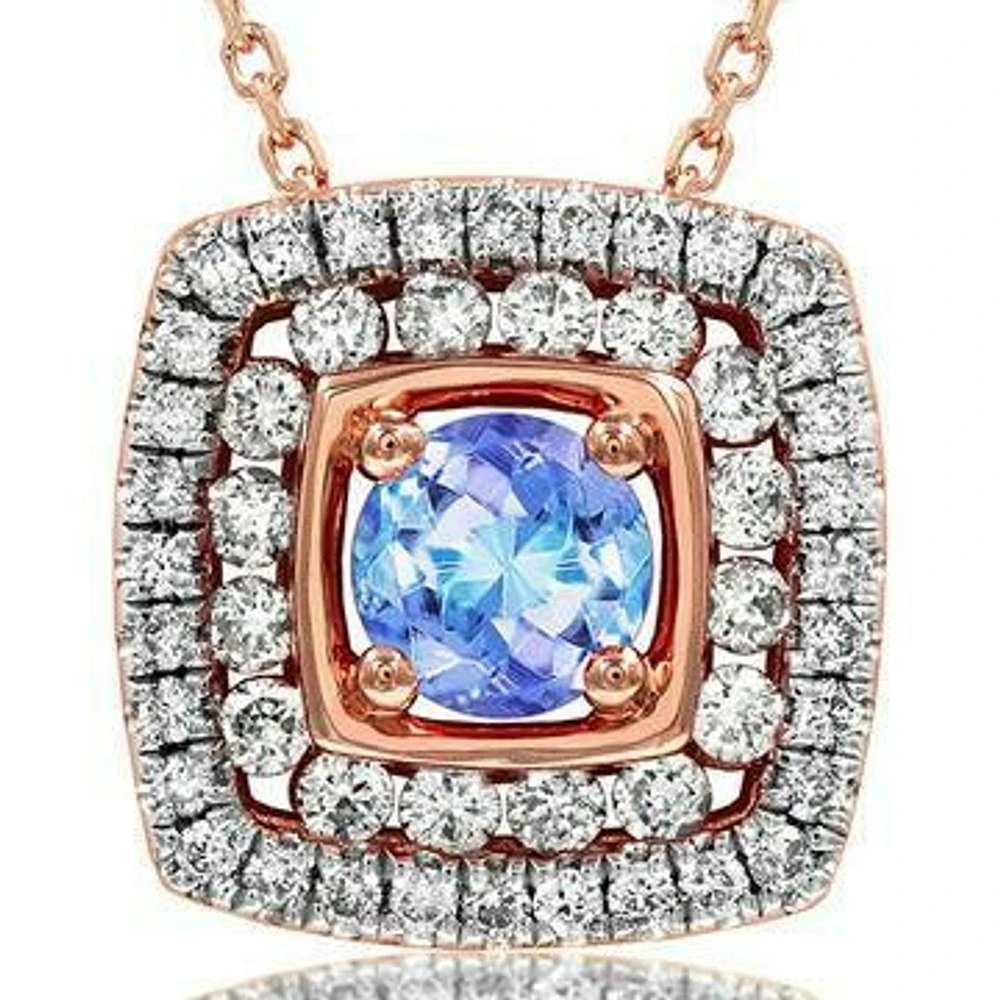 Cushion Tanzanite Pendant with Double Diamond Frame 14KT Gold