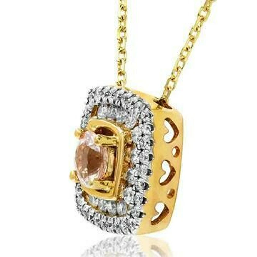 Cushion Morganite Pendant with Double Diamond Frame 14KT Gold