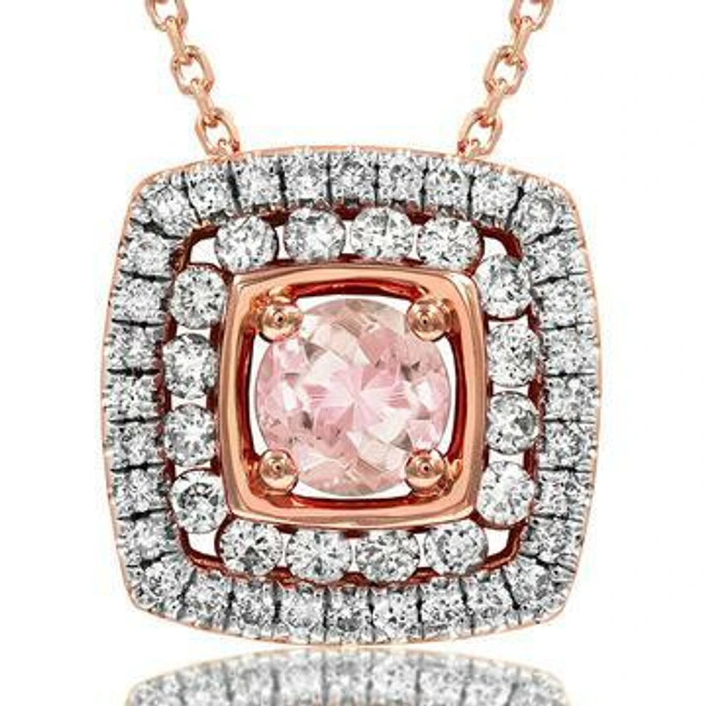 Cushion Morganite Pendant with Double Diamond Frame 14KT Gold