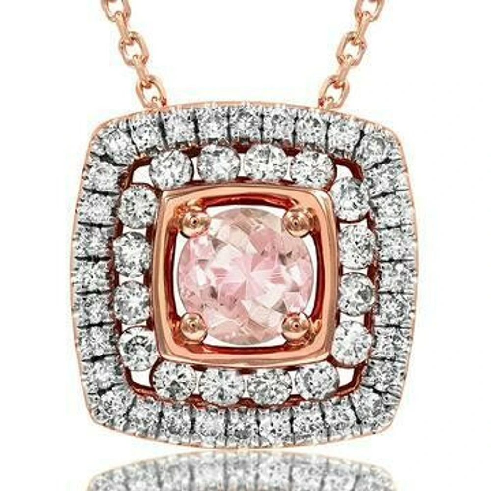 Cushion Morganite Pendant with Double Diamond Frame 14KT Gold