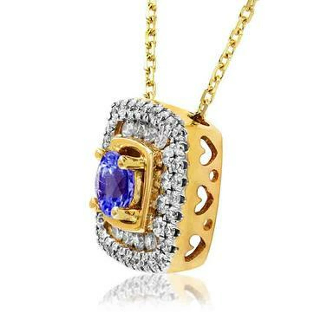 Cushion Tanzanite Pendant with Double Diamond Frame 14KT Gold