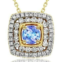 Cushion Tanzanite Pendant with Double Diamond Frame 14KT Gold