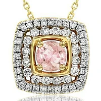 Cushion Morganite Pendant with Double Diamond Frame 14KT Gold