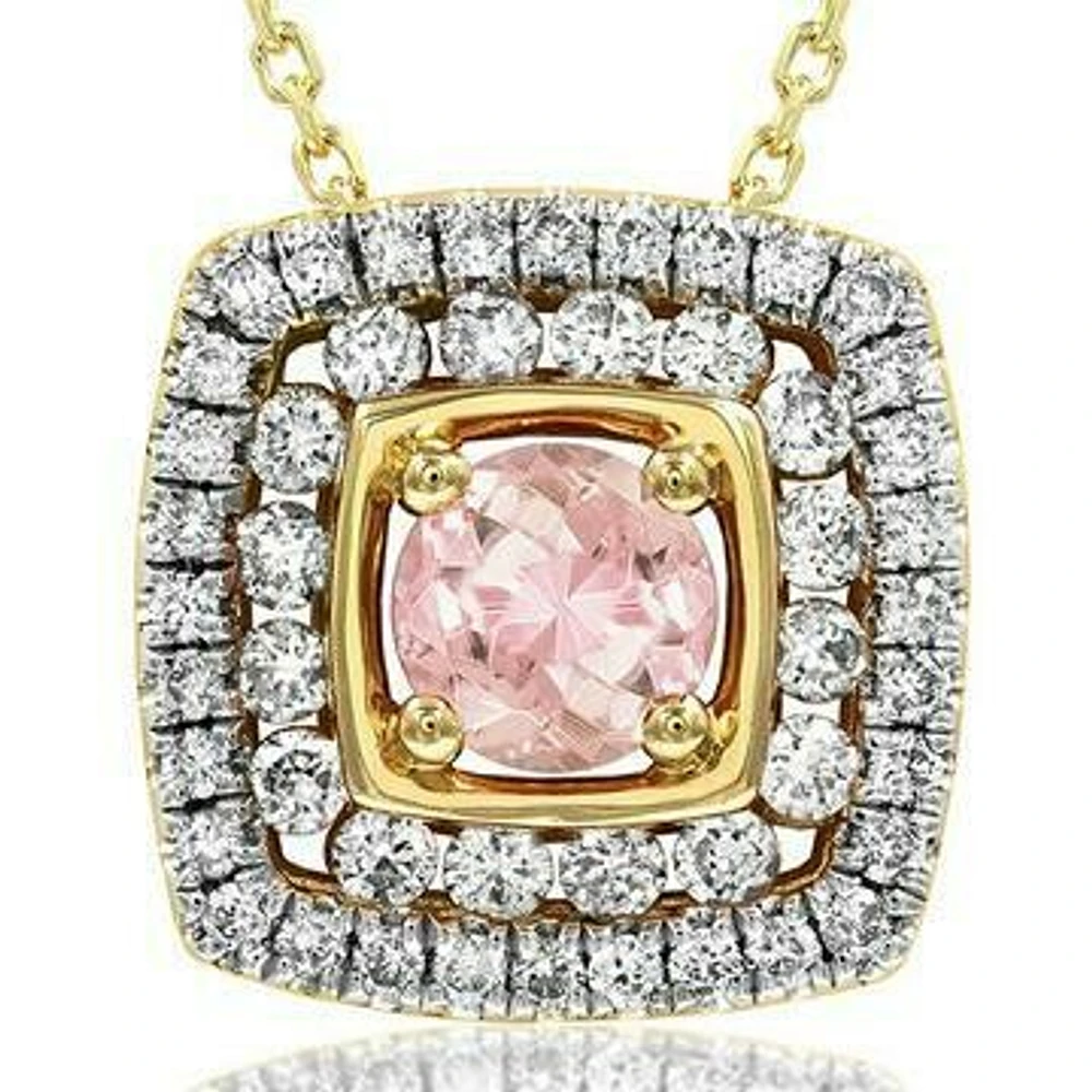 Cushion Morganite Pendant with Double Diamond Frame 14KT Gold