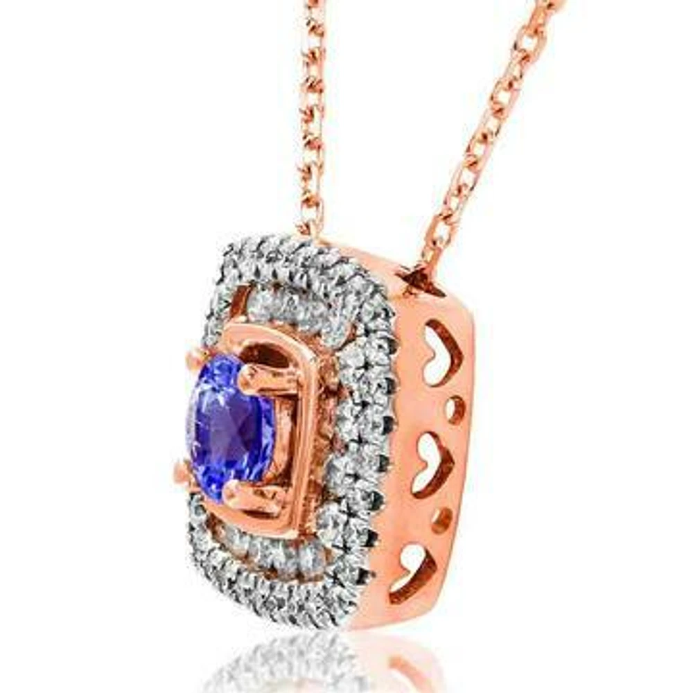 Cushion Tanzanite Pendant with Double Diamond Frame 14KT Gold